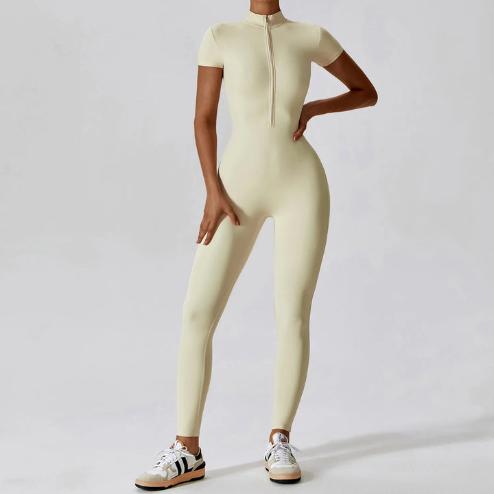Women's One-Piece Yoga Jumpsuit – Short Sleeve, Zipper Front, Push-Up Gym Bodysuit for Fitness & Sports