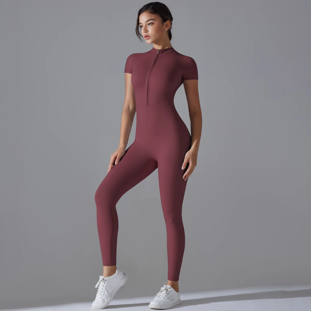 Women's One-Piece Yoga Jumpsuit – Short Sleeve, High-Waist, Zipper Front, Stretch Bodysuit for Fitness & Sports