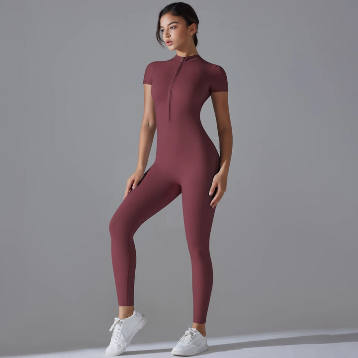 Women's One-Piece Yoga Jumpsuit – Short Sleeve, High-Waist, Zipper Front, Stretch Bodysuit for Fitness & Sports