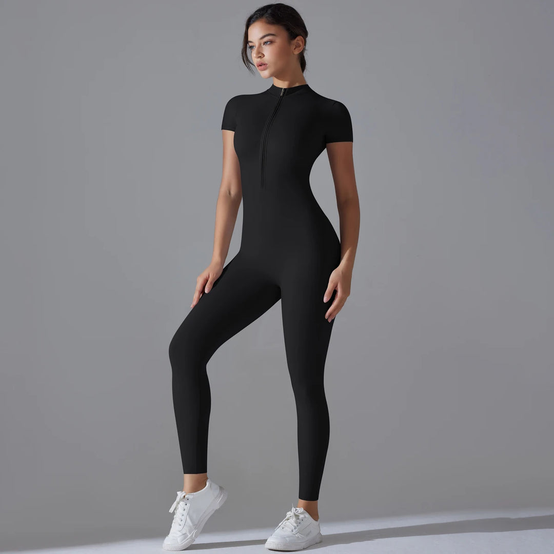 Women's One-Piece Yoga Jumpsuit – Short Sleeve, High-Waist, Zipper Front, Stretch Bodysuit for Fitness & Sports
